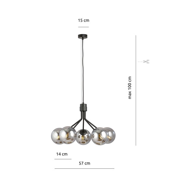 Lampe suspendue NOVA 5 lumières noir graphite, abat-jours en verre NOVA 5 NOIR/GRAFIT