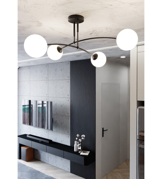 Plafonnier PREGOS Noir 4 lampes - abat-jour opalescent PREGOS 4 NOIR
