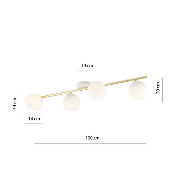 Plafonnier SPLENDI 4 feux blanc opale, tube doré, profil bas SPLENDI 4 OPAL BLANC