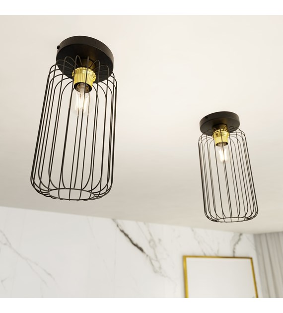 Plafonnier design industriel BARN en acier durable, abat-jour filaire Titre du produit en français : "GRANGE 1 BL OR