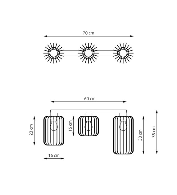 Plafonnier industriel BARN en acier résistant, abat-jours filaires Titre du produit traduit en français : "GRANGE 3 BL OR