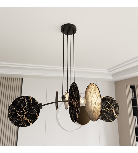 Lampe suspendue MOTIF - sculpture lumineuse design à deux anneaux Titre du produit traduit en français : "MOTIF 4 MARBEL
