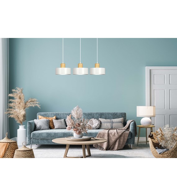 Suspension TORIN 3 Blanc style scandinave, métal et bois, 3 lumières TORIN 3 BLANC