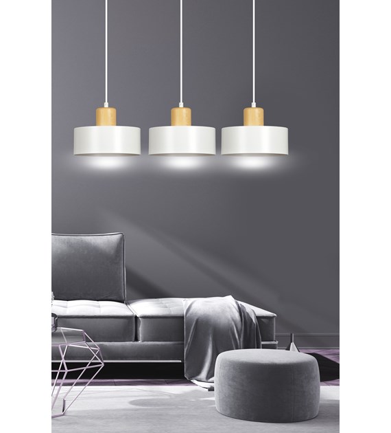 Suspension TORIN 3 Blanc style scandinave, métal et bois, 3 lumières TORIN 3 BLANC