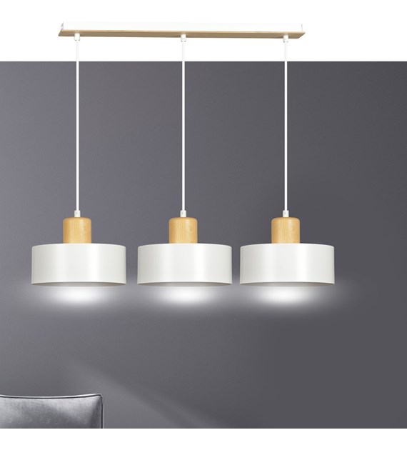 Suspension TORIN 3 Blanc style scandinave, métal et bois, 3 lumières TORIN 3 BLANC