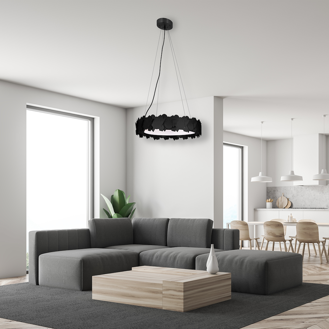 Suspension ronde avec déco Géométrique SOHO Noire Métal Design Le titre du produit en français est : "Lampe suspendue SOHO NOIRE 24W LED