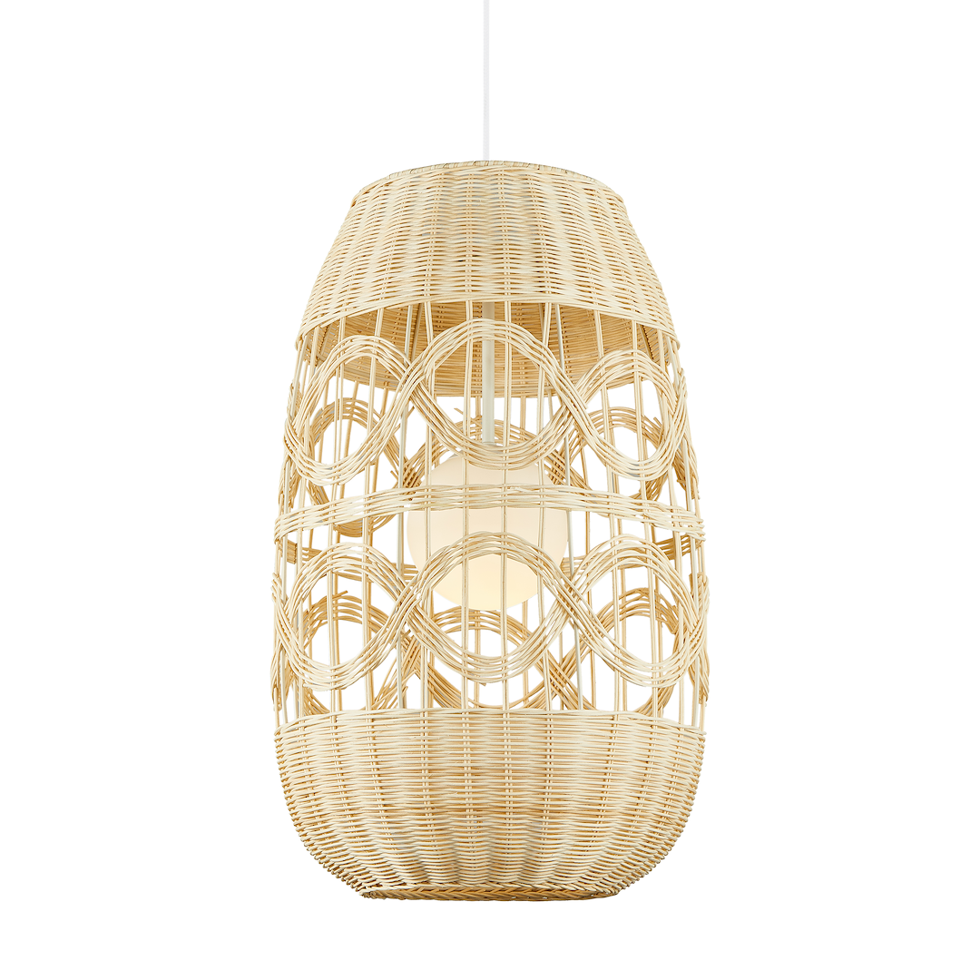 Suspension ajourée arona 1 lumière en rotin métal et verre blanc et rotin 40cm Suspension ARONA NATUREL 1xE14 Ø 400