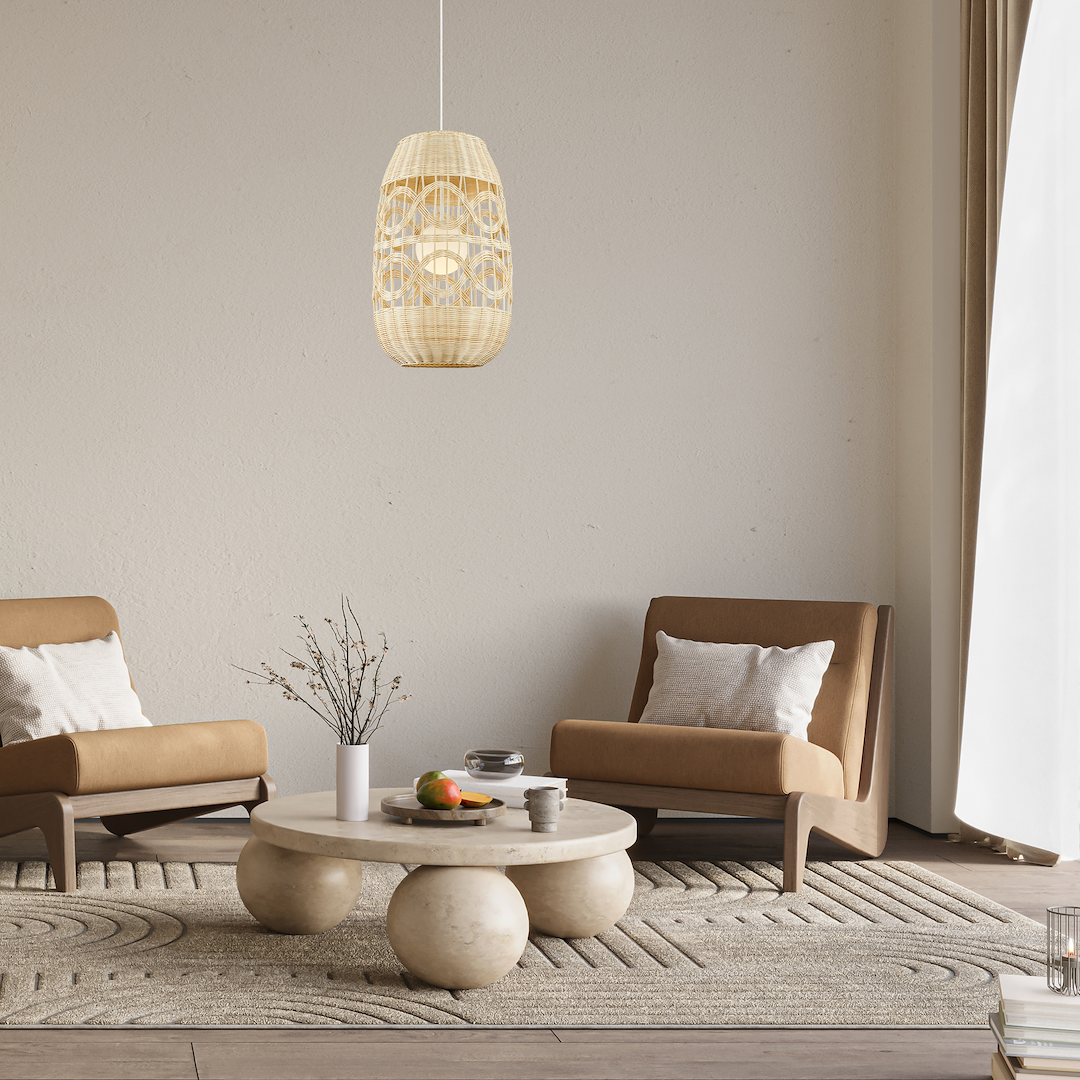 Suspension ajourée arona 1 lumière en rotin métal et verre blanc et rotin 40cm Suspension ARONA NATUREL 1xE14 Ø 400