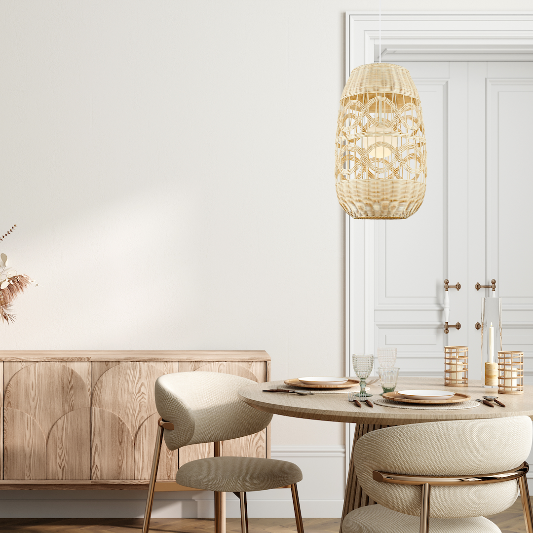 Suspension ajourée arona 1 lumière en rotin métal et verre blanc et rotin 40cm Suspension ARONA NATUREL 1xE14 Ø 400