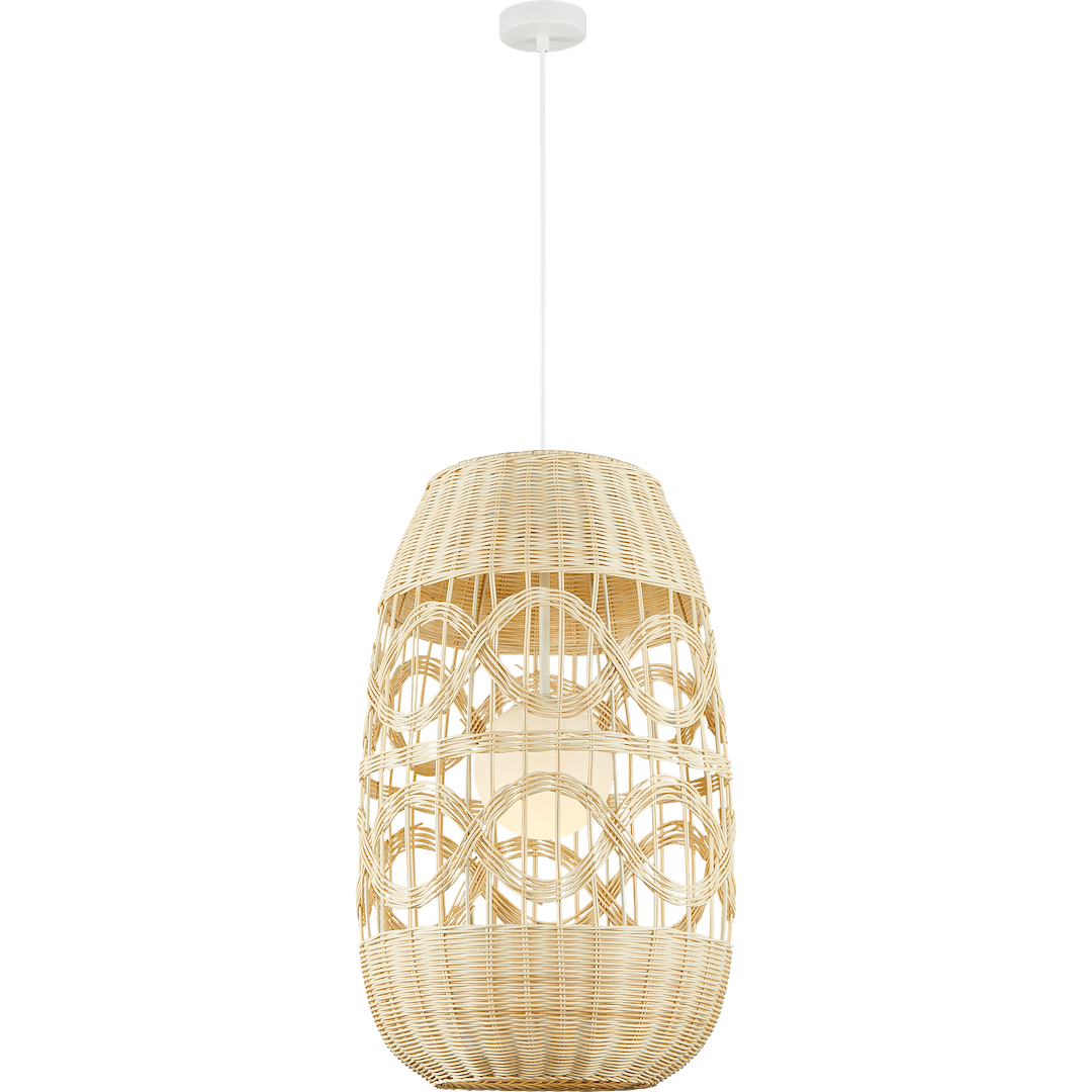 Suspension ajourée arona 1 lumière en rotin métal et verre blanc et rotin 40cm Suspension ARONA NATUREL 1xE14 Ø 400