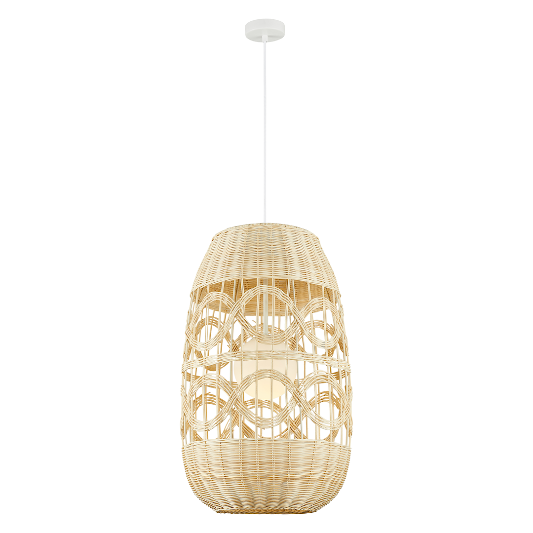 Suspension ajourée arona 1 lumière en rotin métal et verre blanc et rotin 40cm Suspension ARONA NATUREL 1xE14 Ø 400