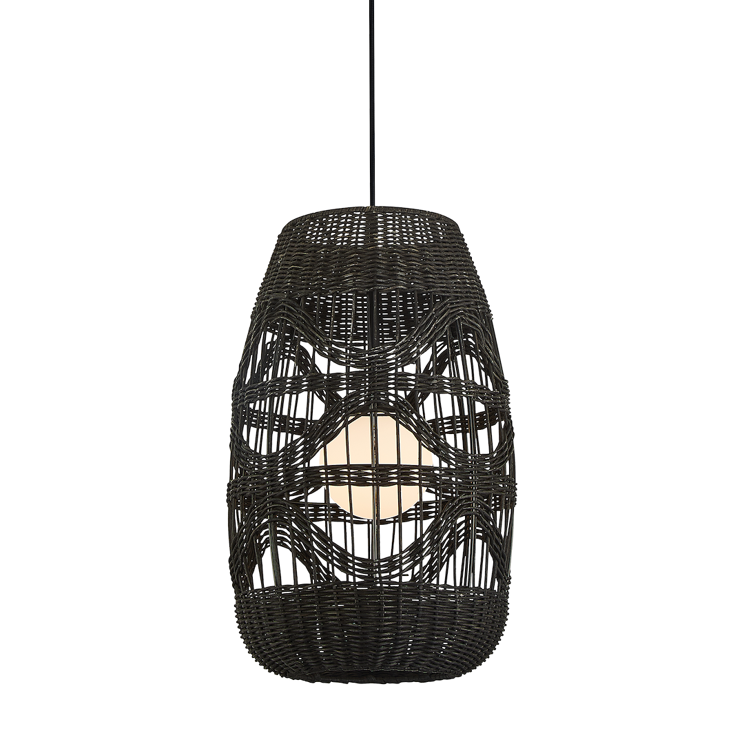 Suspension ajourée arona 1 lumière en rotin métal et verre noir 25cm Suspension Arona Noire 1xG9 diamètre 250