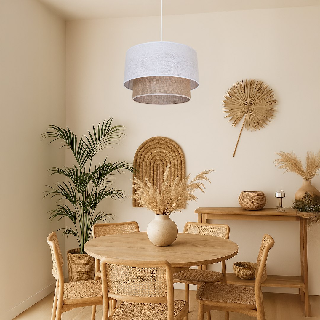 BUENO 40cm Lampe suspendue scandinave en tissu beige et blanc Suspension BUENO 1xE27