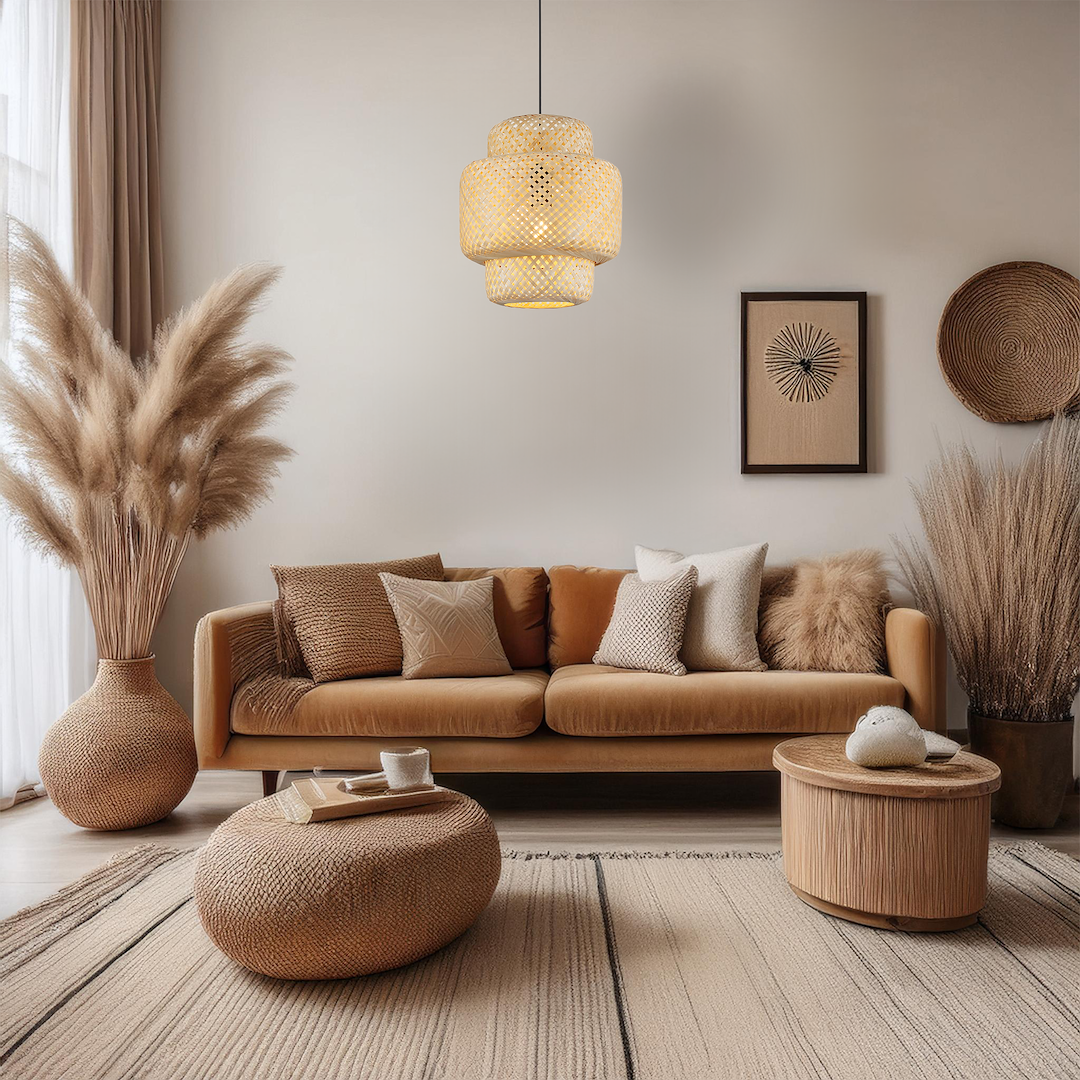 Suspension abat jour hestia 1 lumière en métal et bambou noir 30cm Suspension HESTIA 1xE27