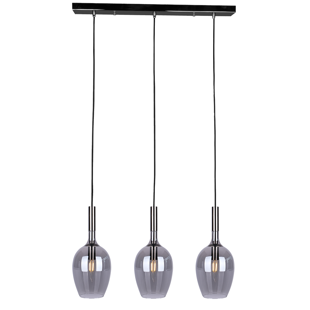 Suspension rectangulaire lugano 3 lumières en métal et verre chrome et noir 15cm Suspension LUGANO FUMÉE 3xE14