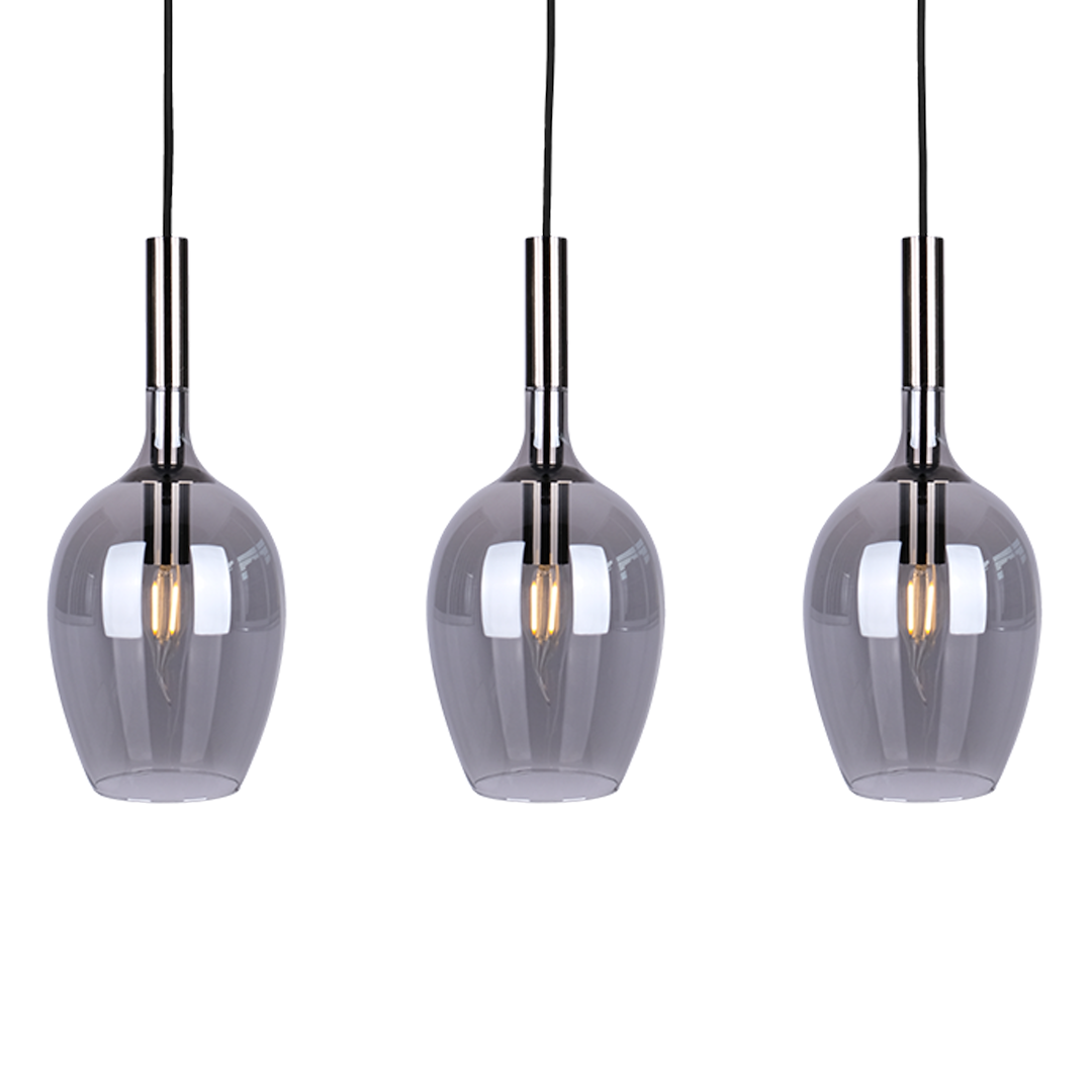 Suspension rectangulaire lugano 3 lumières en métal et verre chrome et noir 15cm Suspension LUGANO FUMÉE 3xE14