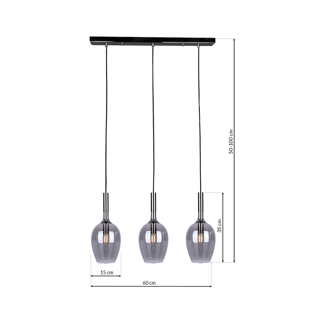 Suspension rectangulaire lugano 3 lumières en métal et verre chrome et noir 15cm Suspension LUGANO FUMÉE 3xE14