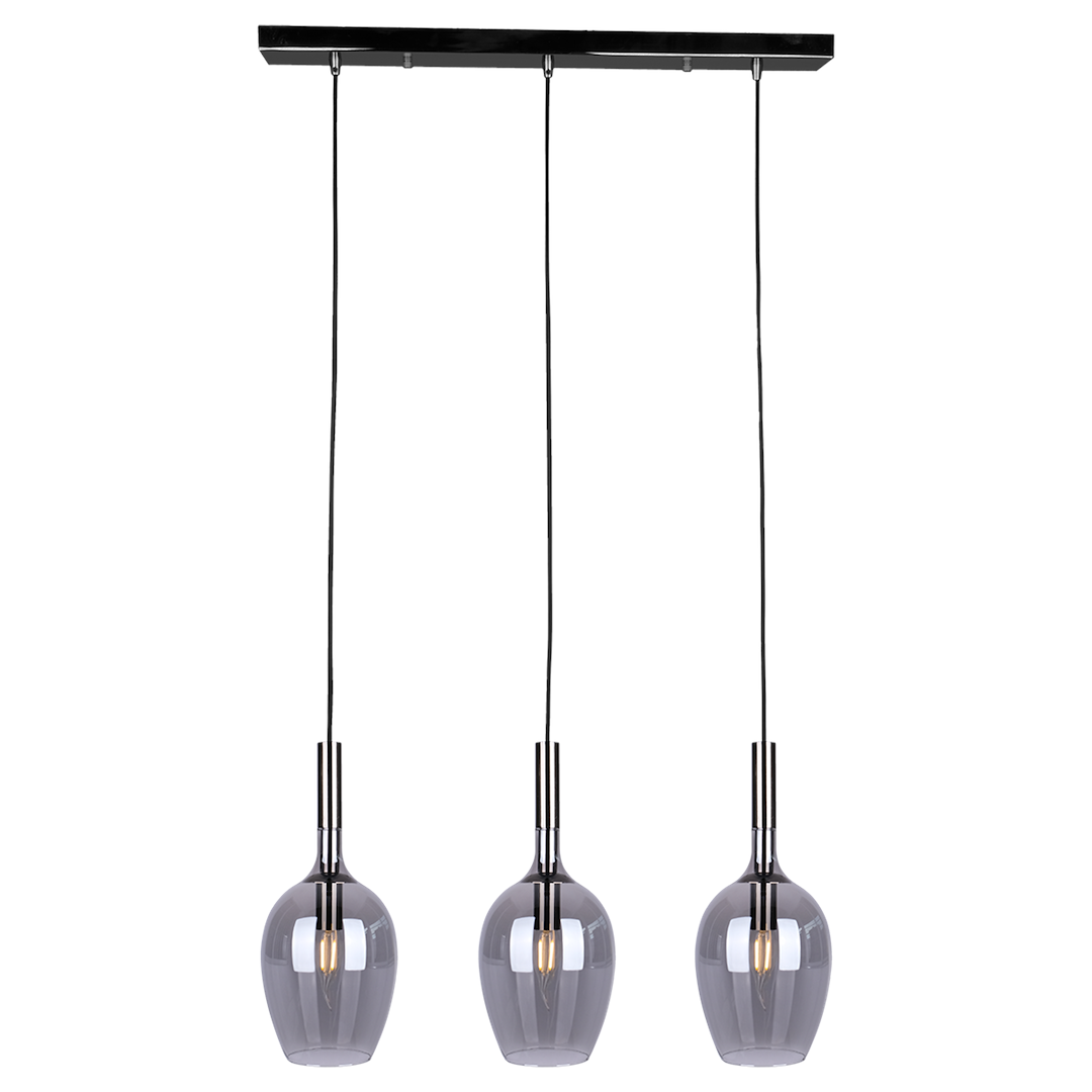 Suspension rectangulaire lugano 3 lumières en métal et verre chrome et noir 15cm Suspension LUGANO FUMÉE 3xE14