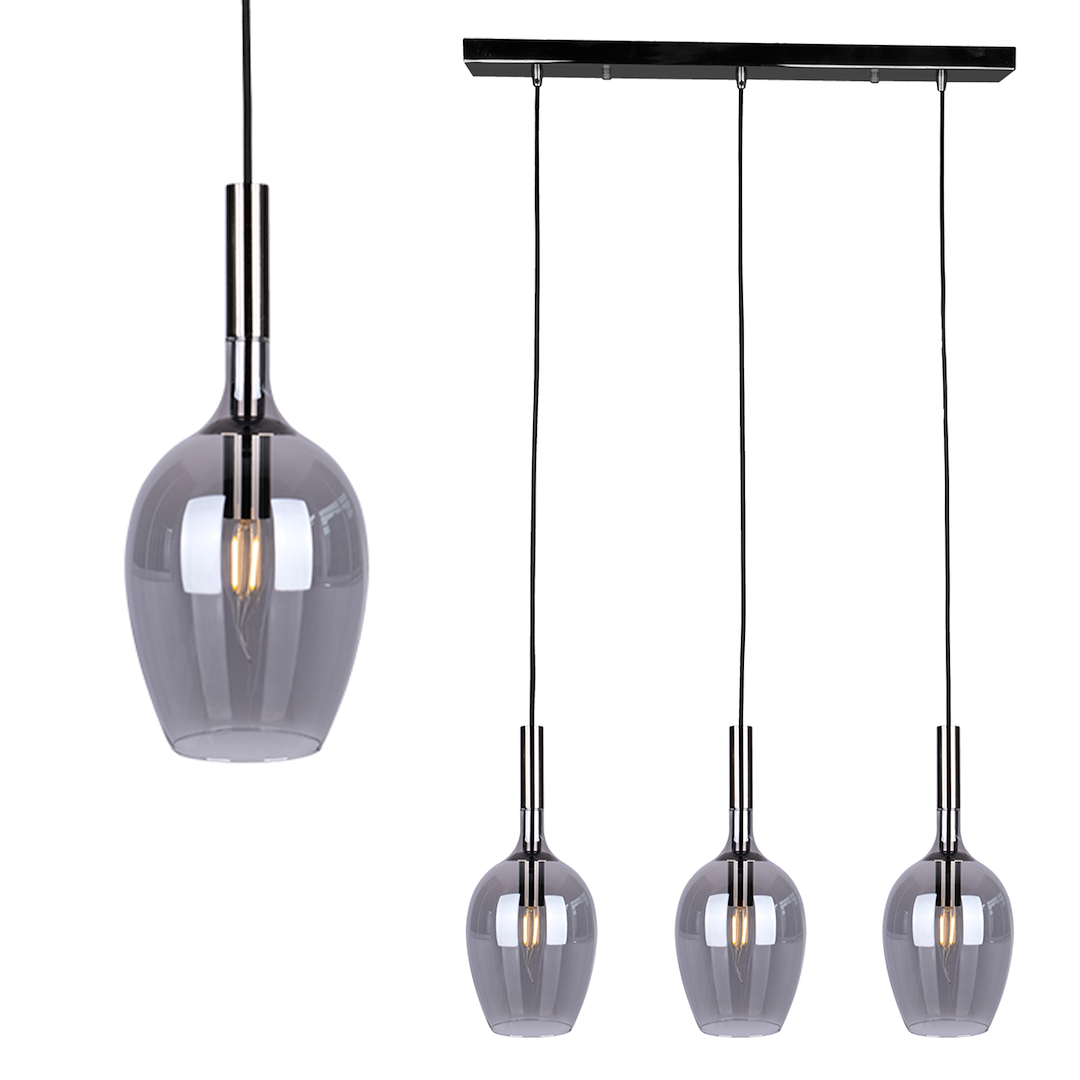 Suspension rectangulaire lugano 3 lumières en métal et verre chrome et noir 15cm Suspension LUGANO FUMÉE 3xE14