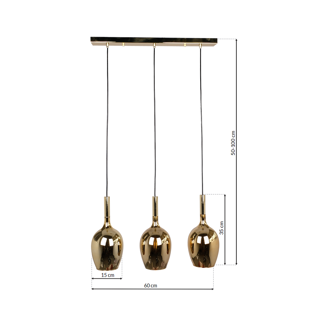 Suspension rectangulaire lugano 3 lumières en métal et verre noir et or 15cm Suspension LUGANO OR 3xE14