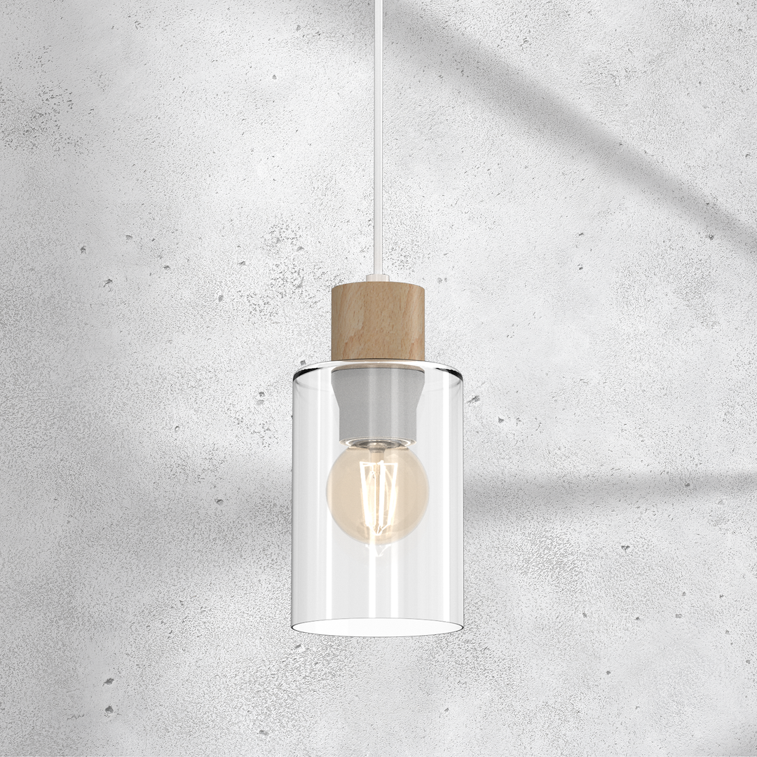Suspension abat jour madera 1 lumière en métal verre et bois blanc 10cm Suspension MADERA 1xE27
