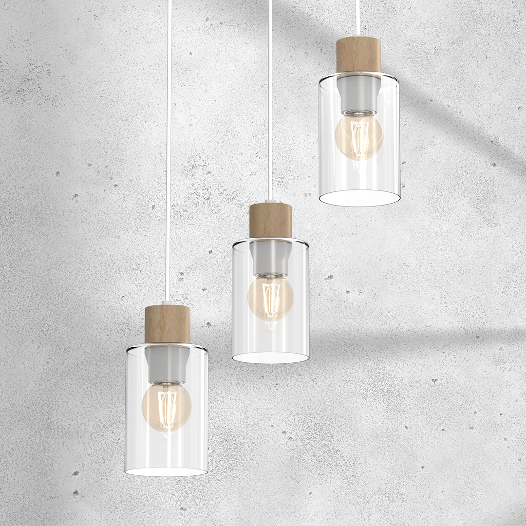Suspension abat jour madera 3 lumières en métal verre et bois blanc 10cm variante a Suspension MADERA 3xE27