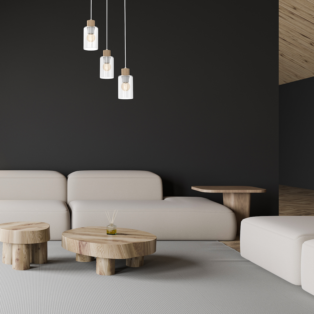 Suspension abat jour madera 3 lumières en métal verre et bois blanc 10cm variante a Suspension MADERA 3xE27