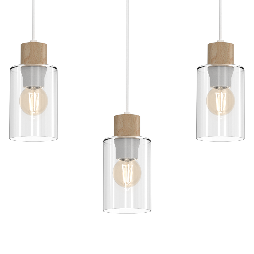 Suspension abat jour madera 3 lumières en métal verre et bois blanc 10cm variante b Suspension MADERA 3xE27