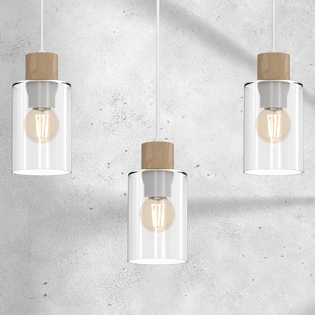Suspension abat jour madera 3 lumières en métal verre et bois blanc 10cm variante b Suspension MADERA 3xE27
