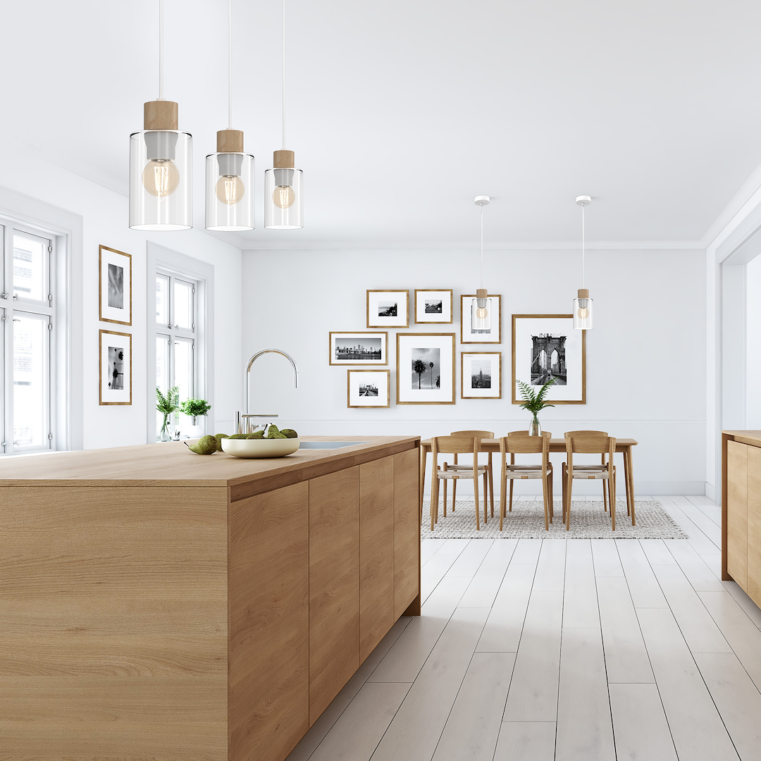 Suspension abat jour madera 3 lumières en métal verre et bois blanc 10cm variante b Suspension MADERA 3xE27