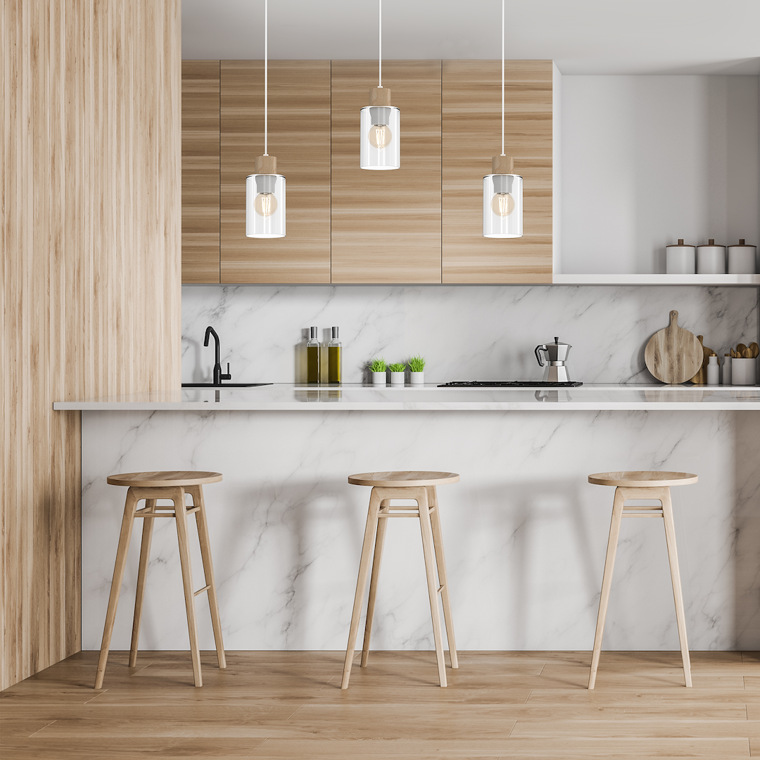 Suspension abat jour madera 3 lumières en métal verre et bois blanc 10cm variante b Suspension MADERA 3xE27
