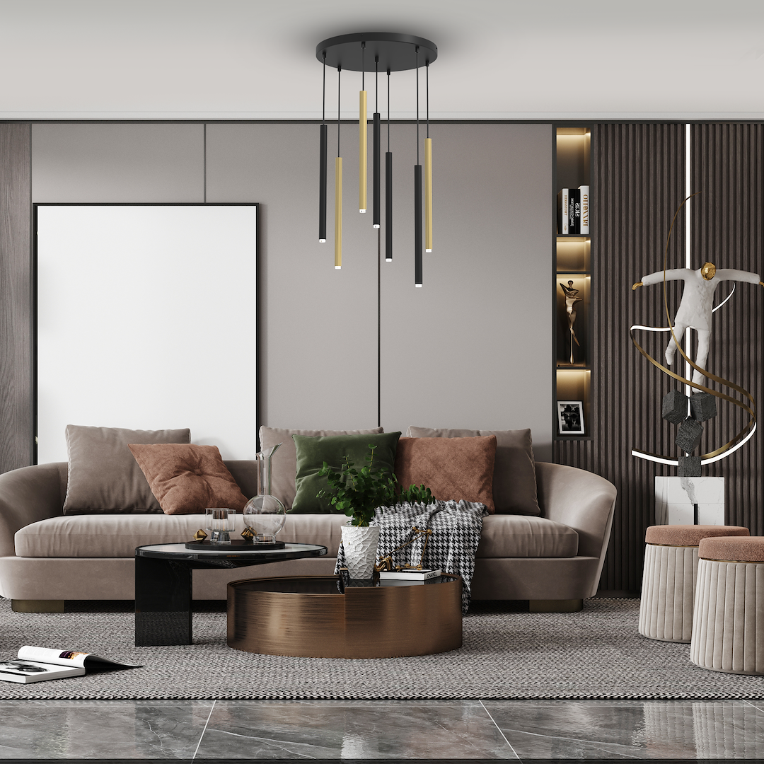 Suspension linéaire monza 7 lumières en métal et plastique noir et or 25mm Suspension MONZA BRASS 7xG9 max 8W LED