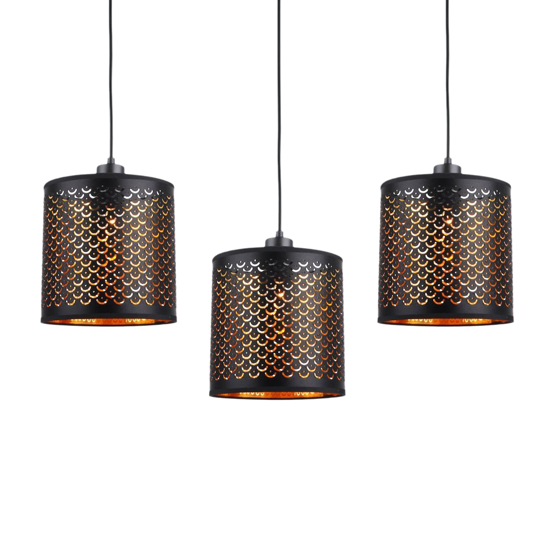 Suspension abat jour morgan 3 lumières en métal tissu et feuille noir et or 64cm Suspension MORGAN 3xE27