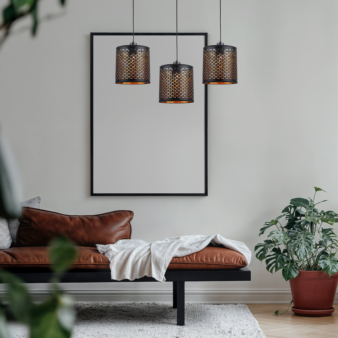 Suspension abat jour morgan 3 lumières en métal tissu et feuille noir et or 64cm Suspension MORGAN 3xE27