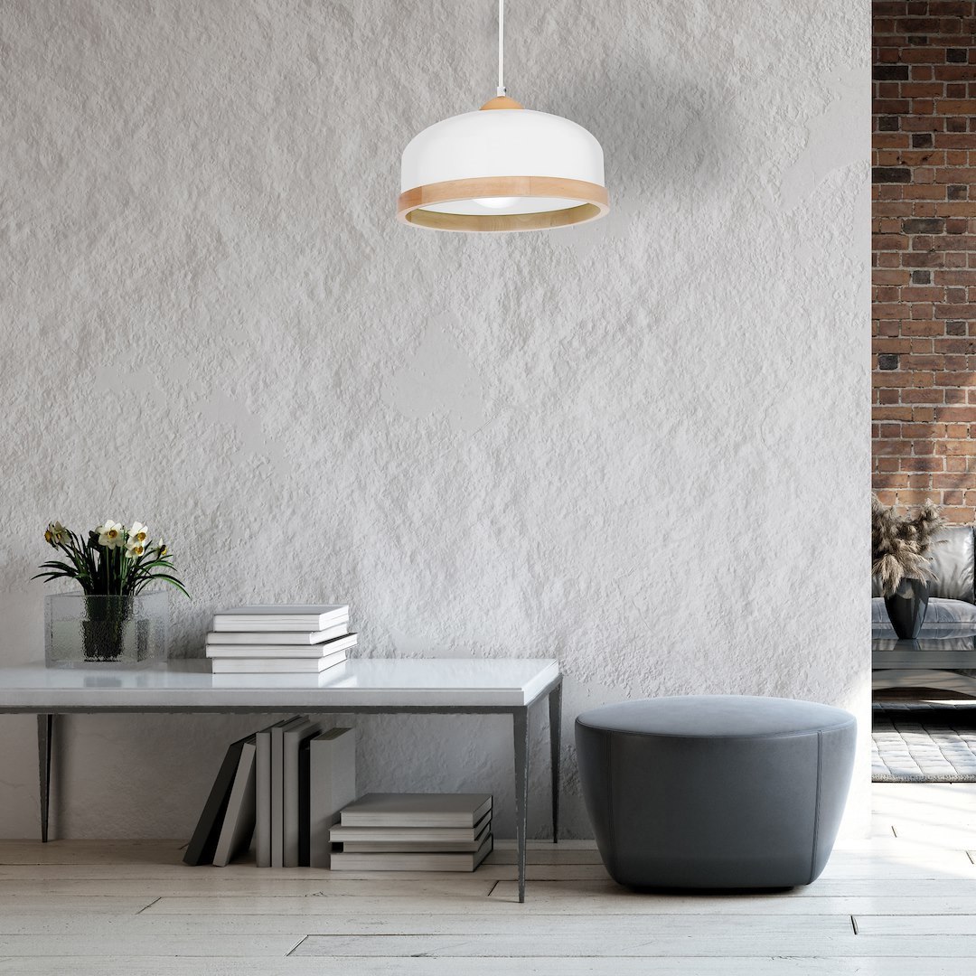 Suspension ovale studio 1 lumière en métal et bois blanc 32cm Suspension Studio Blanc 1xE27