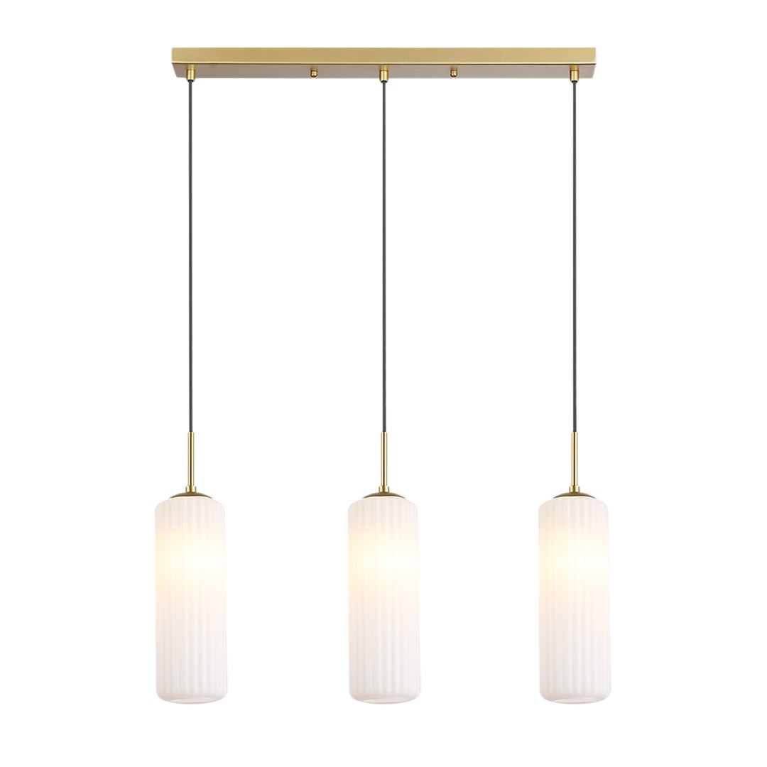 Suspension Vesta 3 tubes striés blancs en verre corps en dorée Suspension Vesta 3xE27