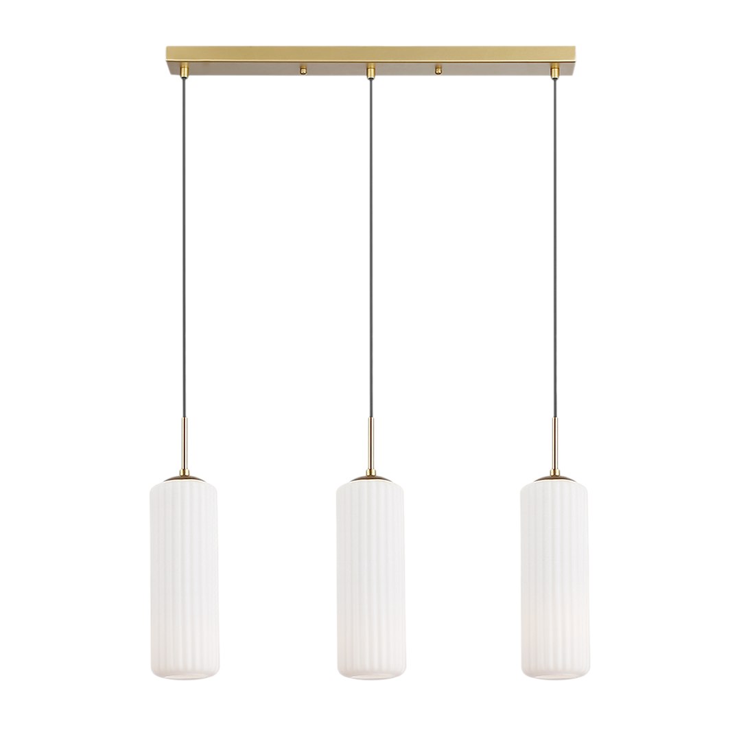 Suspension Vesta 3 tubes striés blancs en verre corps en dorée Suspension Vesta 3xE27