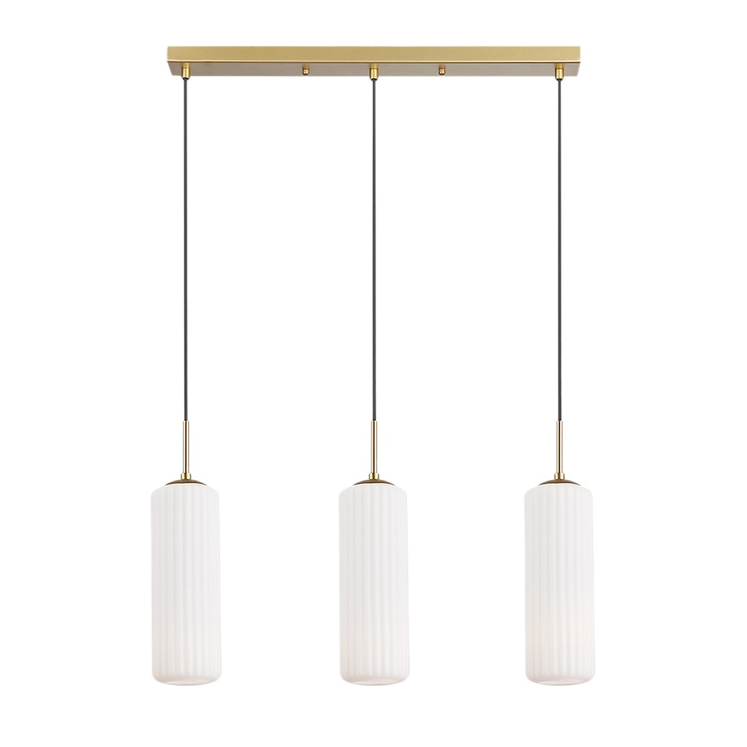 Suspension Vesta 3 tubes striés blancs en verre corps en dorée Suspension Vesta 3 tubes striés blancs en verre corps en dorée