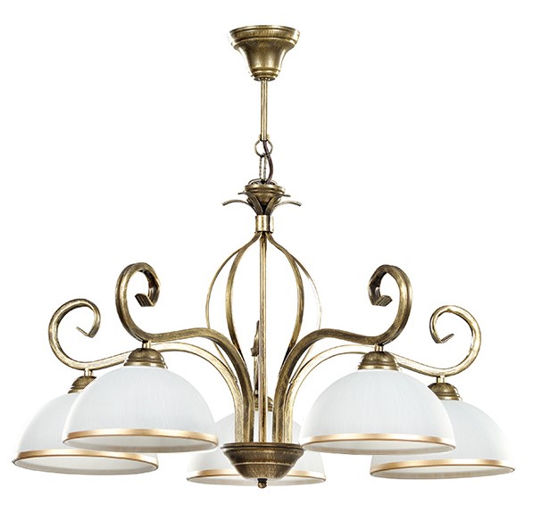 Lustre vintage 5 bras en métal doré abat-jour verre dépoli WIVARA 5